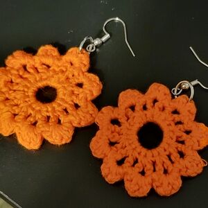 Handcrafted Orange Crochet Flower Earrings